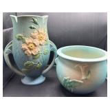 Roseville White Rose Blue Azure Handled Vase