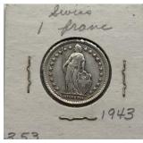 1943 Switzerland 1 Franc Silver Coin