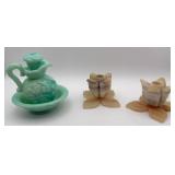 Avon Jadeite Pitcher w/ Bowl & Onyx Candle Holders