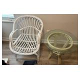 White Rattan Chair w/ Glass Top Rattan Table