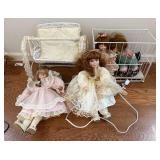 Porcelain Dolls w/ Wire Basket and Wicker Chair