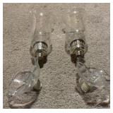Pair Etched Glass Hurricane Shades w/Sterling Base