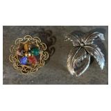 Two Brooches: Leaf Motif Silver-Tone & Multicolor