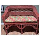 Red Wicker Settee w/Tropical Print Cushion