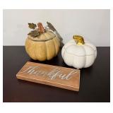 Two Ceramic Pumpkin & Plaque7×7