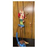 Wood Fisherman Figurine w/ Fish, Metal Base