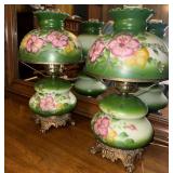 Pair Green Floral Painted Glass Table Lamps