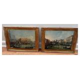 Pair Italian Venice Scene Prints, Gilt Frames