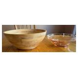 Wood Salad Bowl & Pink Etched Glass Bowl Set