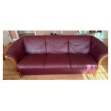 Burgundy Leather Sofa w/Wood Trim