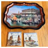 Scalloped Venice Tray w/ 2 Dutch Tile Plaques