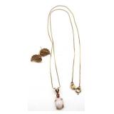 14K Gold Necklace w/ Opal Pendant & Leaf Earrings