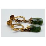14K Gold Green Stone Screwback Drop Earrings