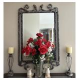 Ornate Mirror w/ Metal Candle Holders & Vase