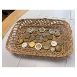 World Coins in Wicker Basket