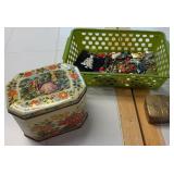 Decorative Tin, Brass Box & Holiday Jewelry Lot
