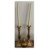 Pair Solid Brass Candlesticks w/ Lidded Urn