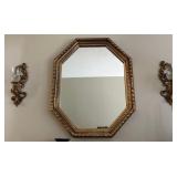 Octagonal Gold Mirror w/ 2 Glass Wall Sconces