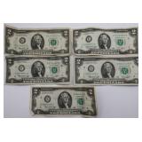 Five US $2 Federal Reserve Notes Series 1976