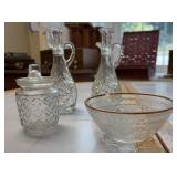 Pressed Glass Cruets, Bowl & Jar Set w/Lids