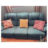 Green Reclining Sofa w/ Three Accent Pillows