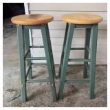 Pair Wooden Bar Stools Green Legs 29 in Tall