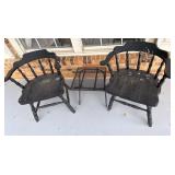 Two Black Wooden Windsor Chairs and metal table