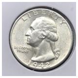 1942 WASH SILVER QUARTER - BU