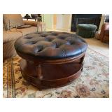 Tufted Leather and Wood Round Ottoman/Table
