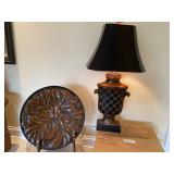 Metal Table Lamp and Heavy Carved Wood Plate Decor