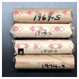 4 ROLLS COPPER "S" PENNIES - 1969-1974 "S"
