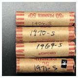 4 ROLLS COPPER "S" PENNIES - 1969-1974 "S"