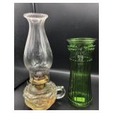 Antique Fingerhold Oil Lamp & Green Vase