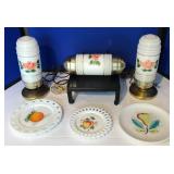 Vintage Lamp Set & Painted Milk Glass Plates