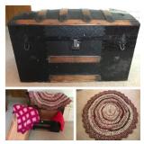 Antique Victorian Trunk, Rag Rug and Throws