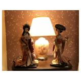 Small Oriental Ginger Jar Lamp & 2 Dolls w/ Silk C