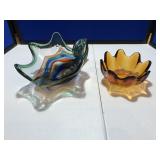 2 Blown Glass Bowls: Amber & Multi-Colored