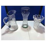 Clear Glass Pitcher & 2 Vases