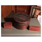 (3) Early cheese box, 2x leather mini boxes