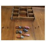 8 pcs, 7 pre-war Tootsietoys and shelf