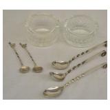 7 pcs. Vintage Sterling Spoons & Crystal Cellars