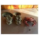 3 pcs, cast iron crab & bookends