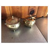 Pair of brass smelting pots with ladels