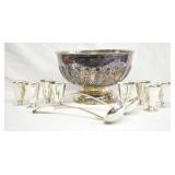 11 pcs. Silver Plate Punch Bowl, Cups & Ladels