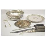 7 pcs. Silver Plate Dishes & Bone Serving Knives