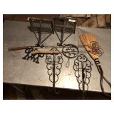 9pcs of early cast iron items & handmade broom