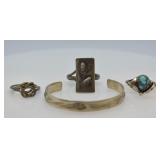 4 pcs. Sterling Silver Rings & Cuff Bracelet