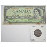 1876 Canadian Large Cent & 1954 Canadian Dollar