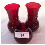 3 pcs. Red Glass Vases