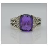 David Yurman Sterling Amethyst & Diamond Ring